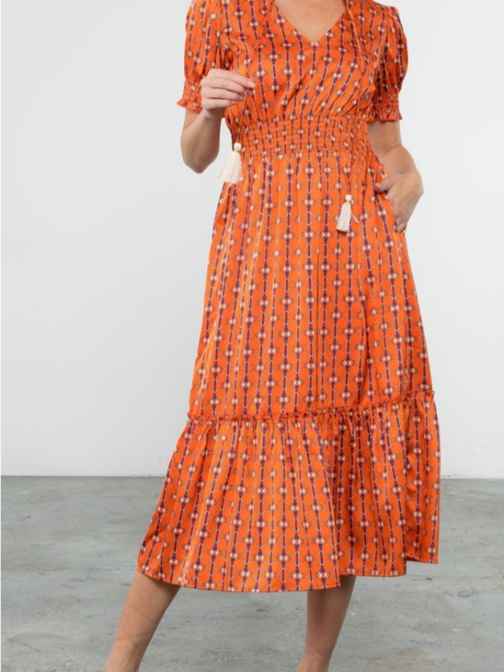 THML Chain Print Orange and Blue Smocked Waist Midi Dress